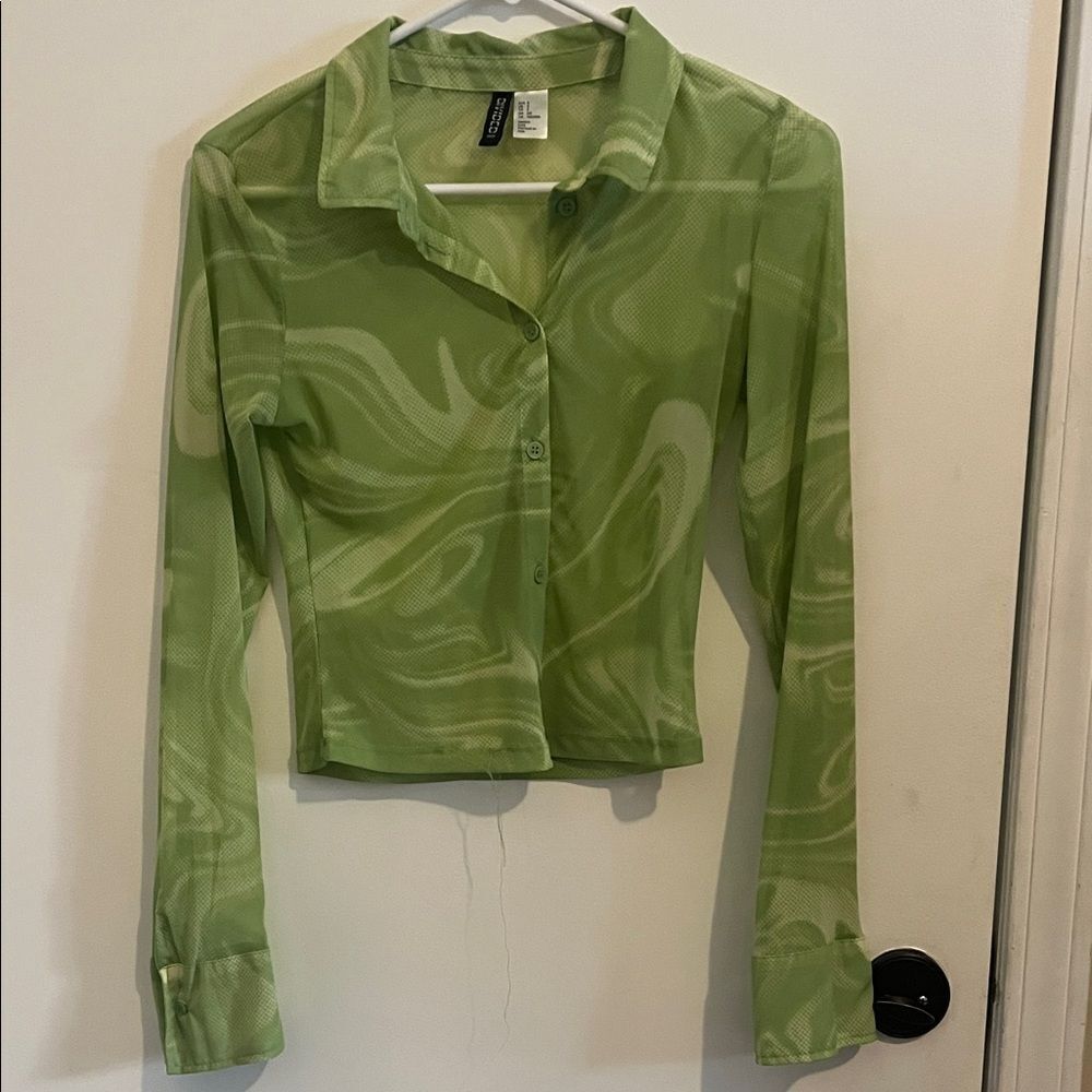 Divided Green Swirl Sheer Pattern Button-Up Top